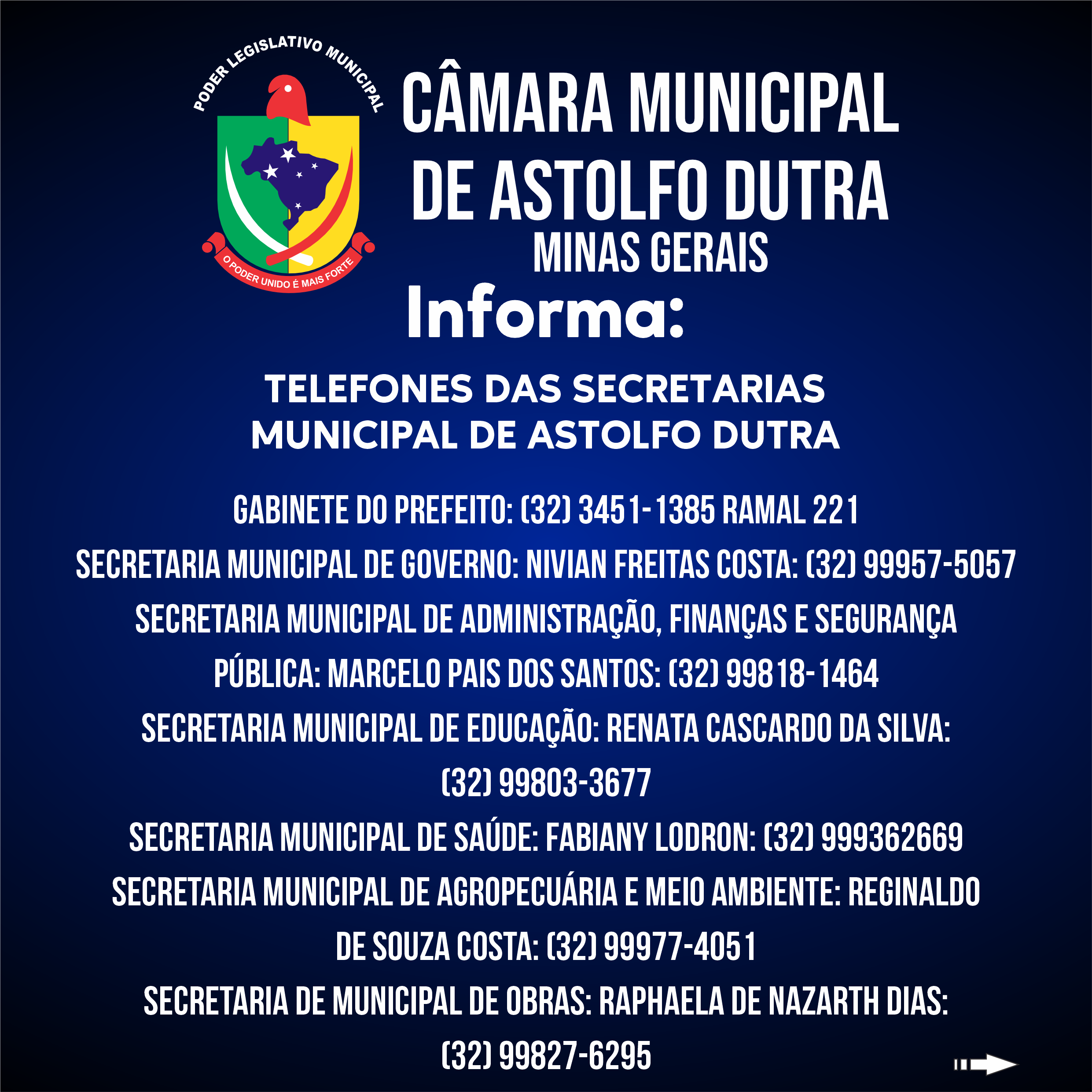 Câmara Municipal Informa Telefones e Responsáveis pelas Secretarias Municipais