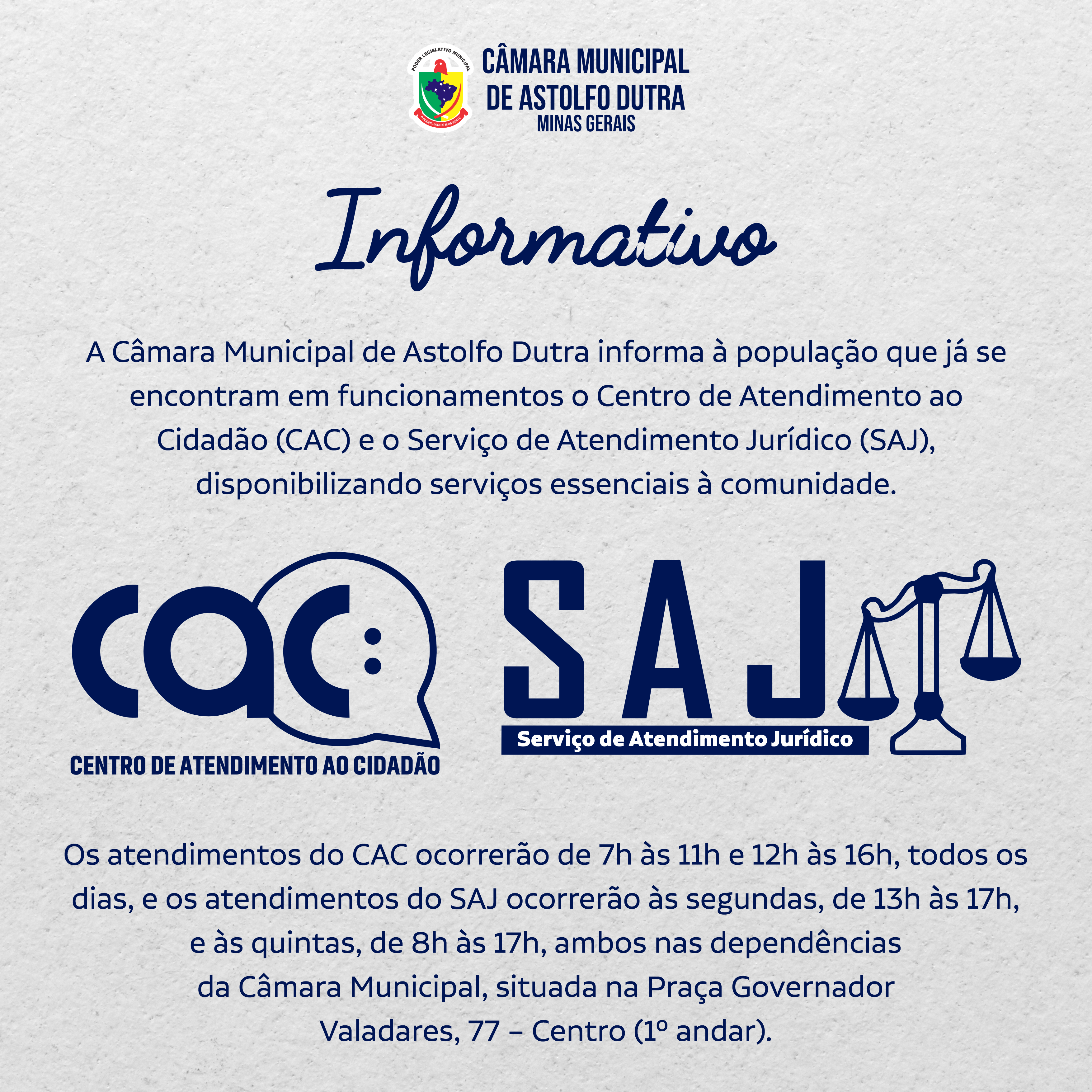 Câmara Municipal de Astolfo Dutra amplia serviços à população com novos atendimentos do CAC e SAJ