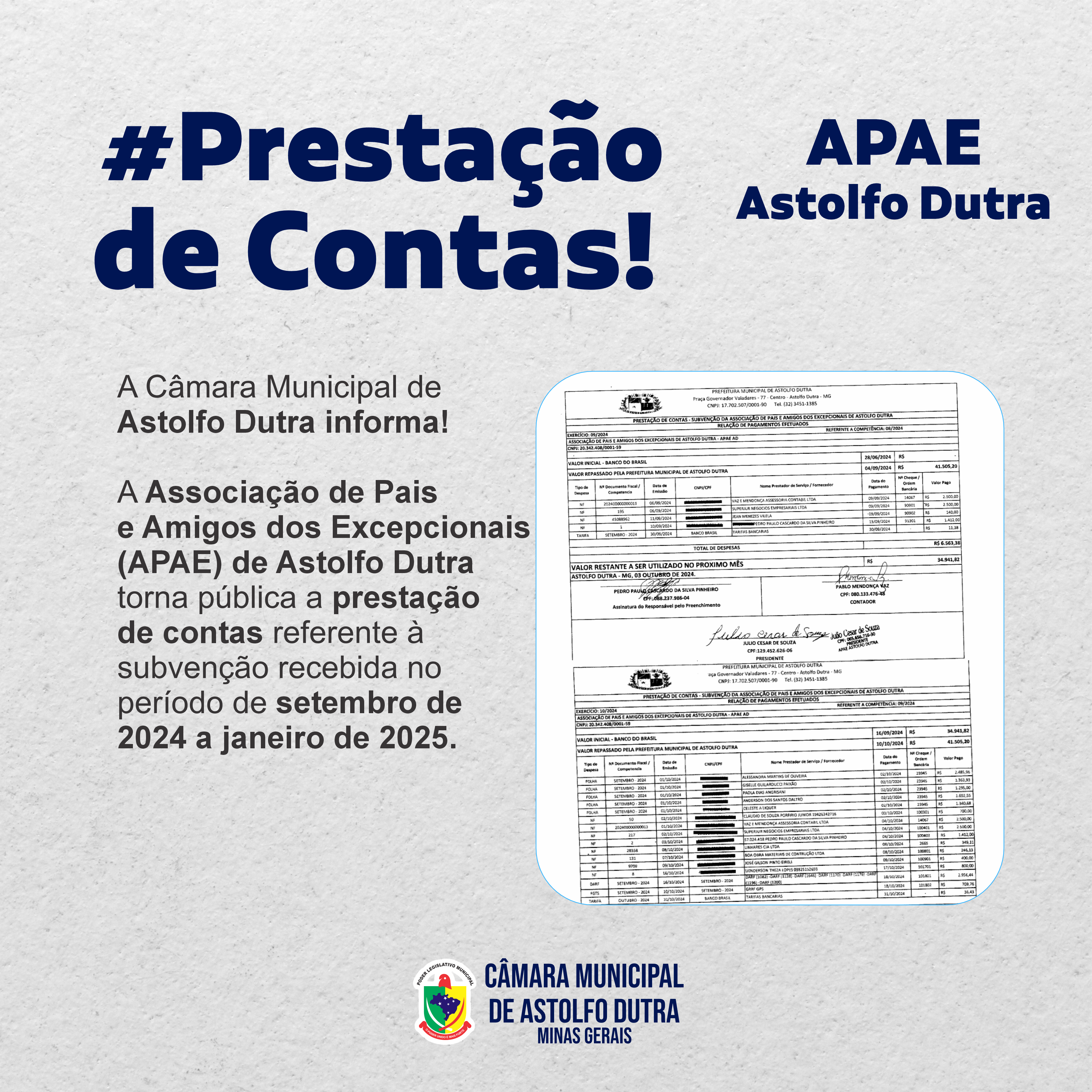 Prestação de Contas - Subvenção da Associação de Pais e Amigos dos Excepcionais (APAE) de Astolfo Dutra 
