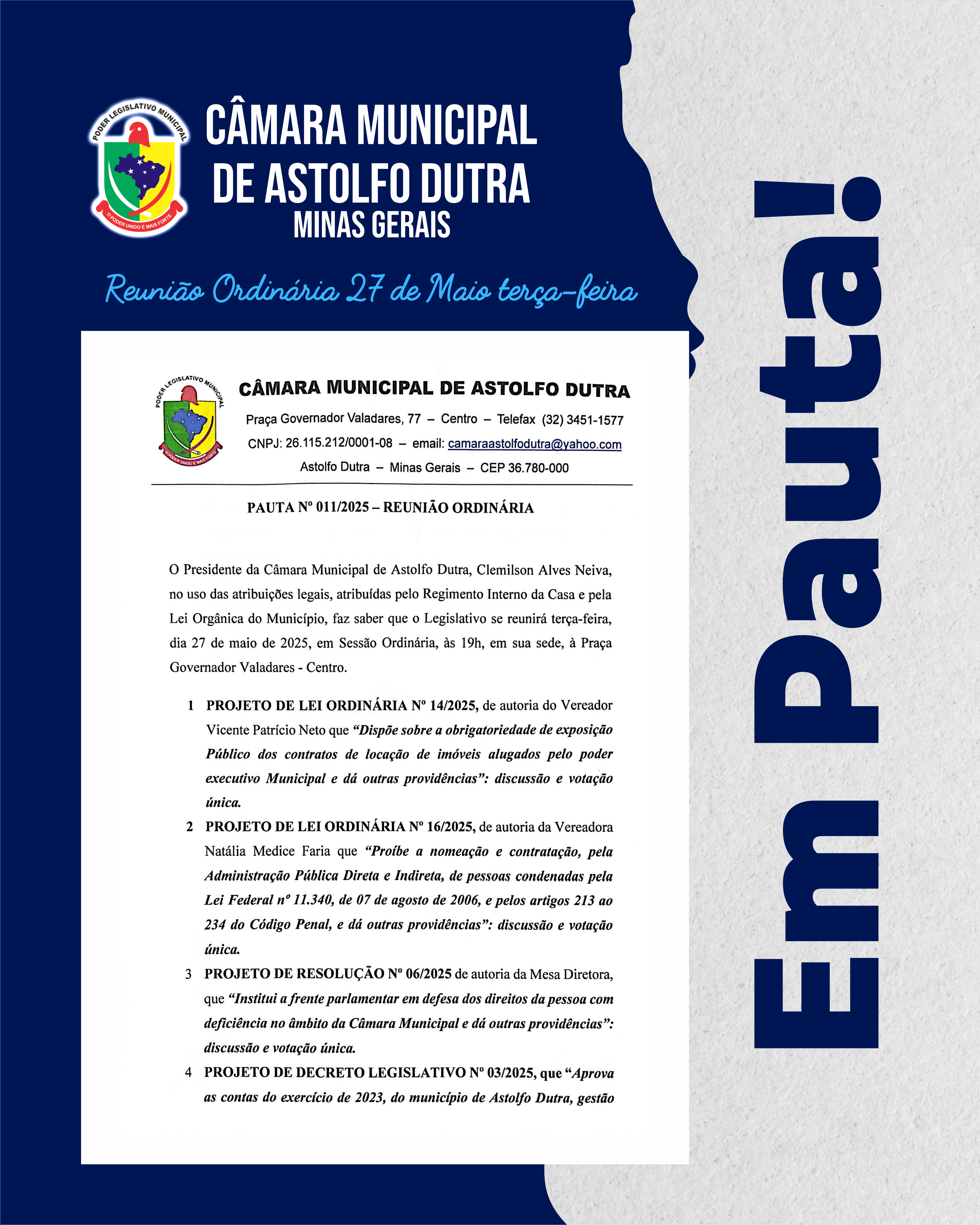 PAUTA DA REUNIÃO DO DIA 27 DE MAIO DE 2025