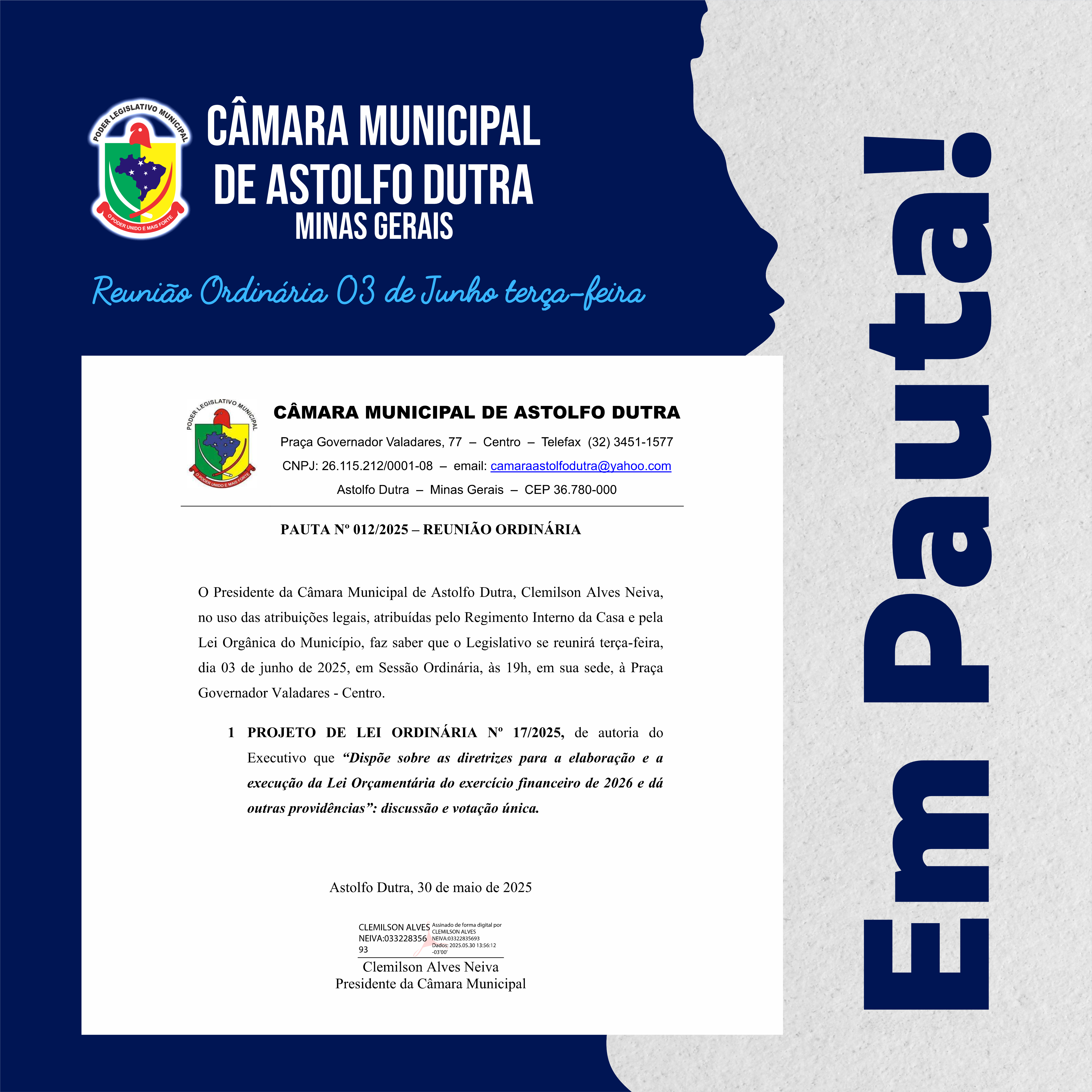 PAUTA DA REUNIÃO DO DIA 03 DE JUNHO DE 2025