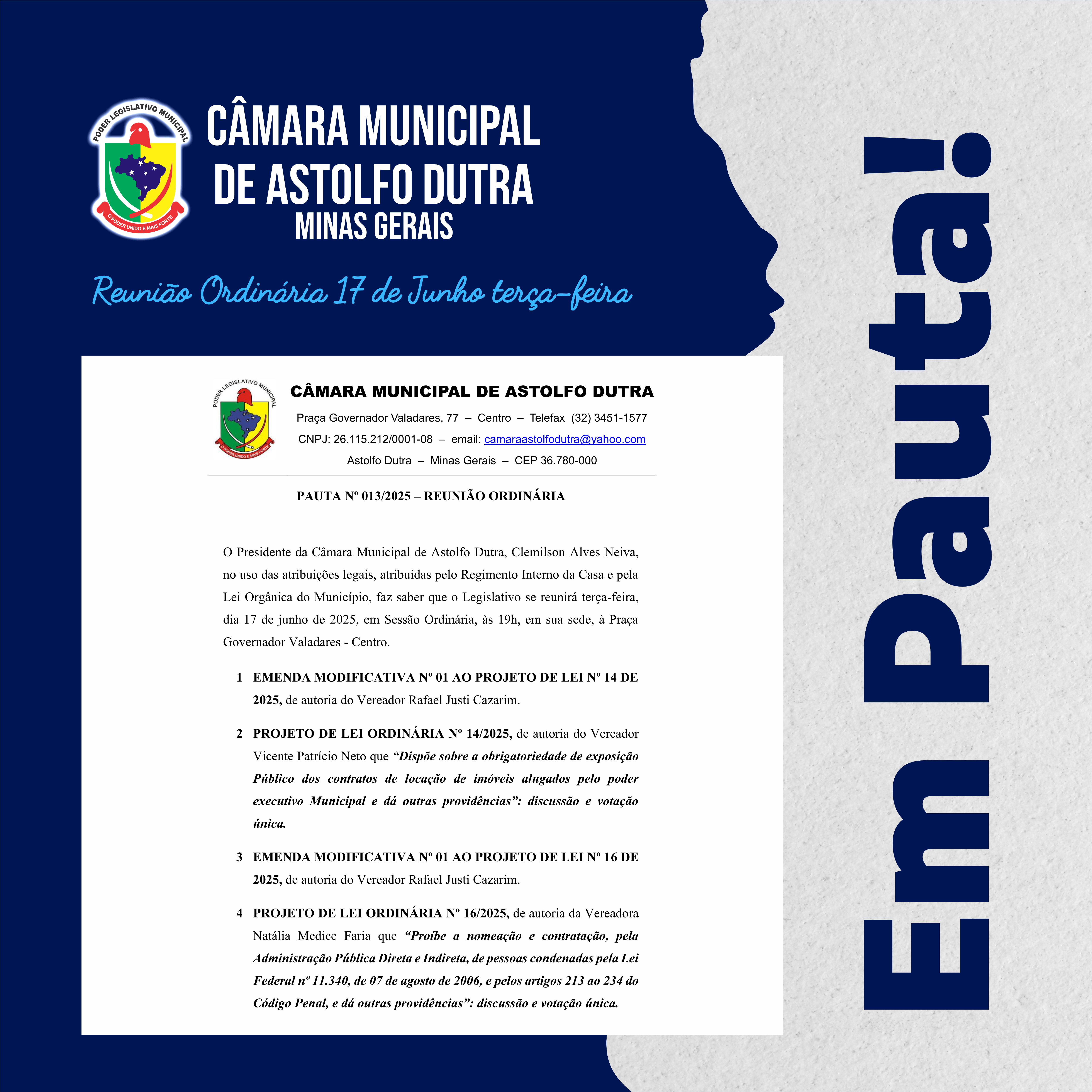 PAUTA DA REUNIÃO DO DIA 17 DE JUNHO DE 2025
