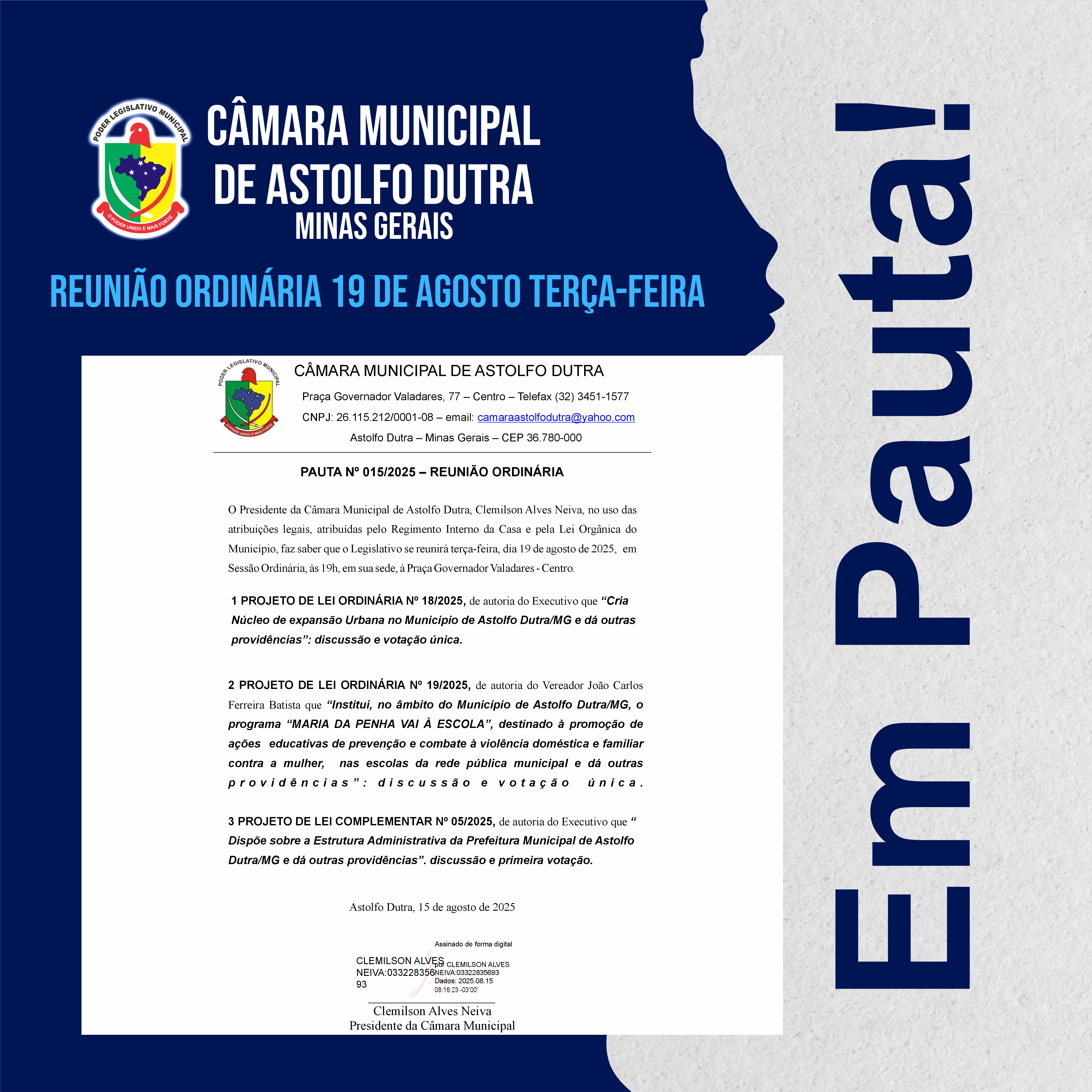 PAUTA DA REUNIÃO DO DIA 05 DE AGOSTO DE 2025