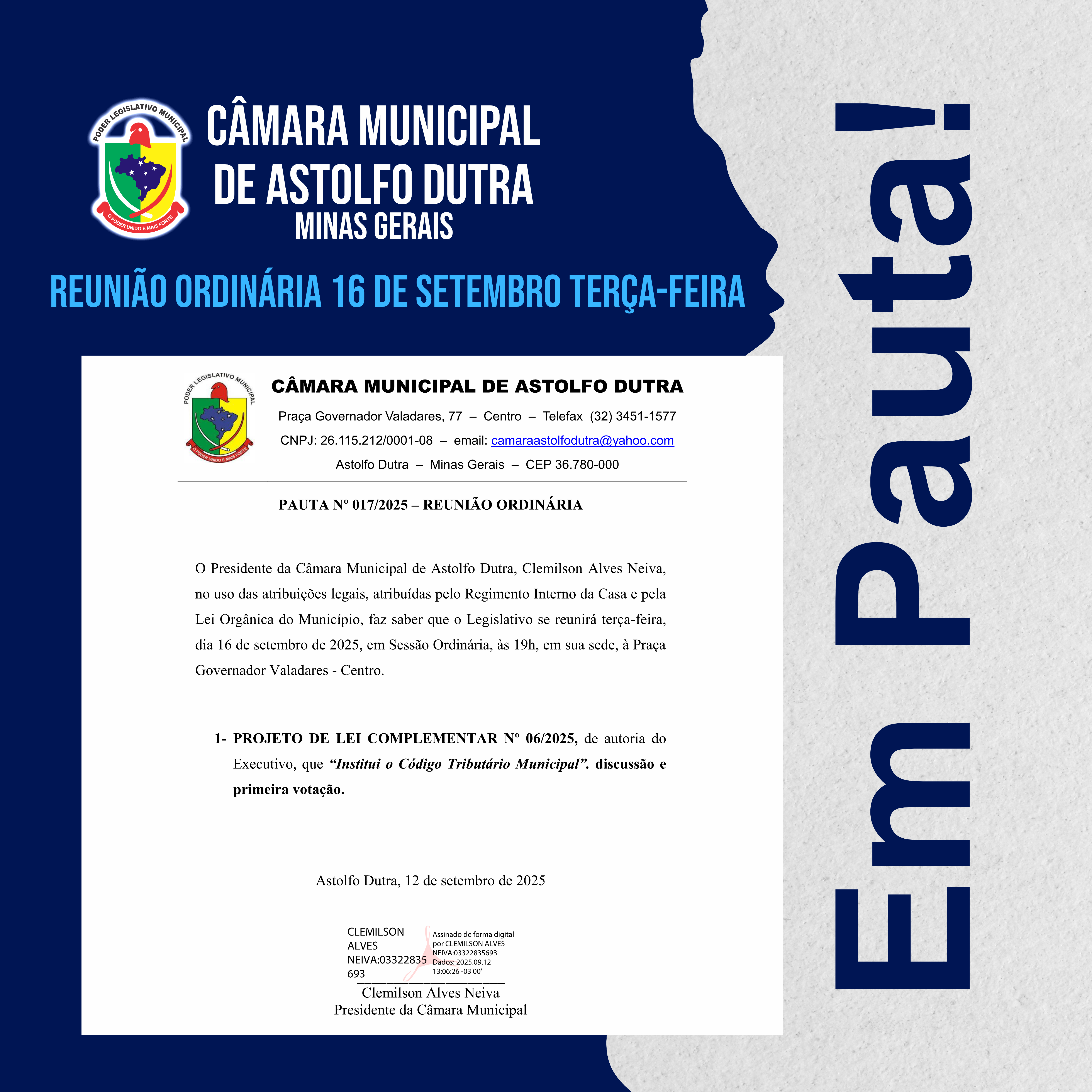 PAUTA DA REUNIÃO – 16 DE SETEMBRO DE 2025