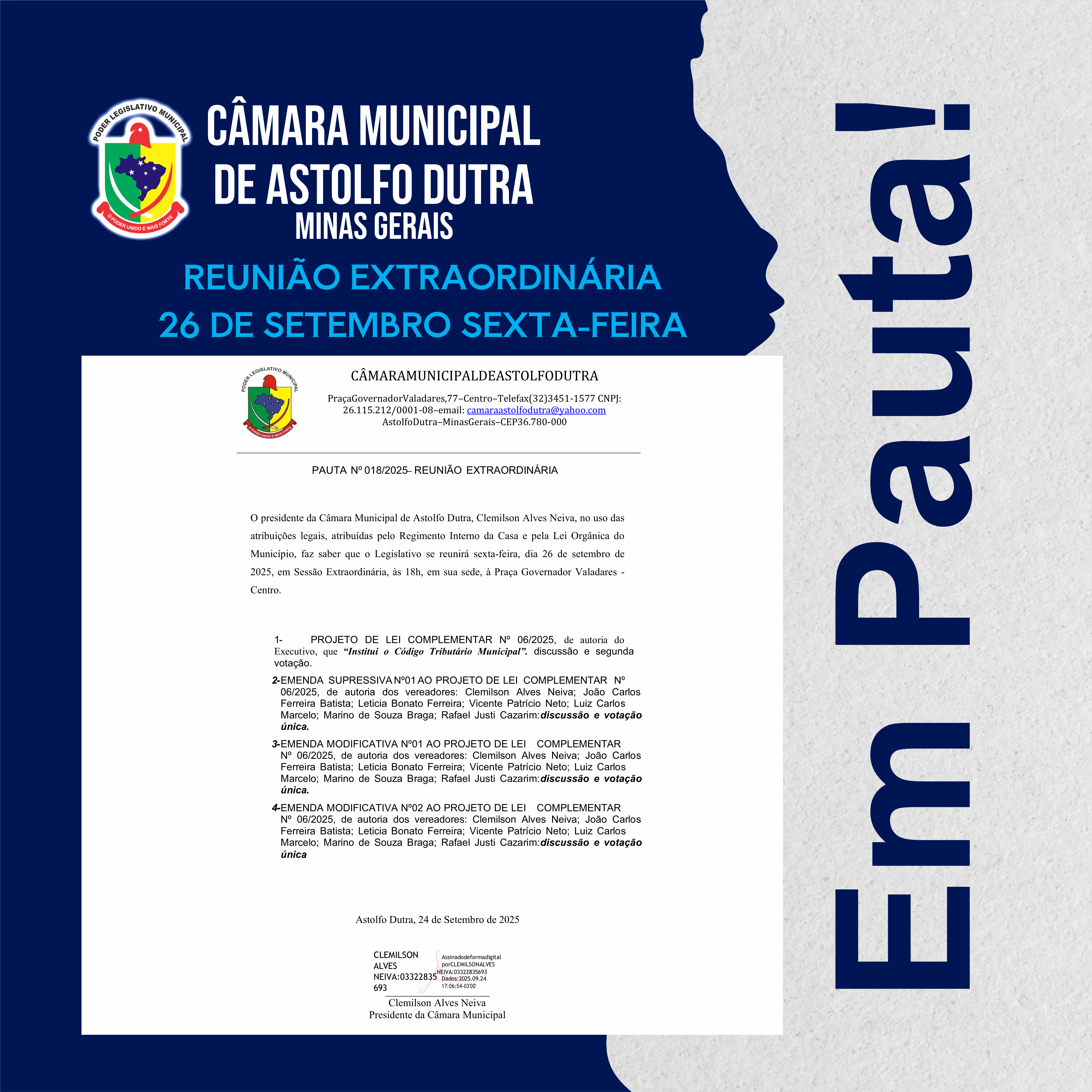 PAUTA DA REUNIÃO – 26 DE SETEMBRO DE 2025