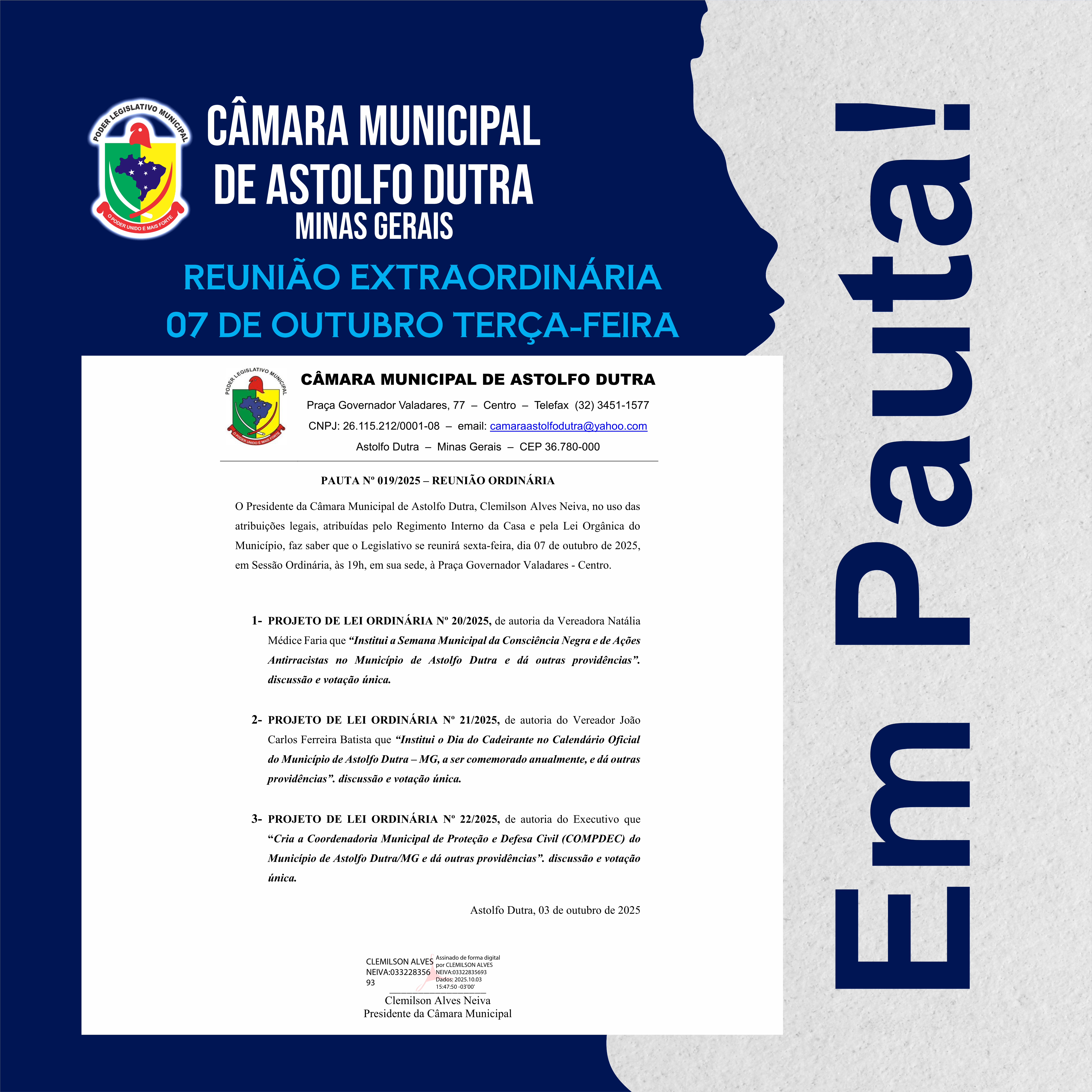 PAUTA DA REUNIÃO – 07 DE OUTUBRO DE 2025