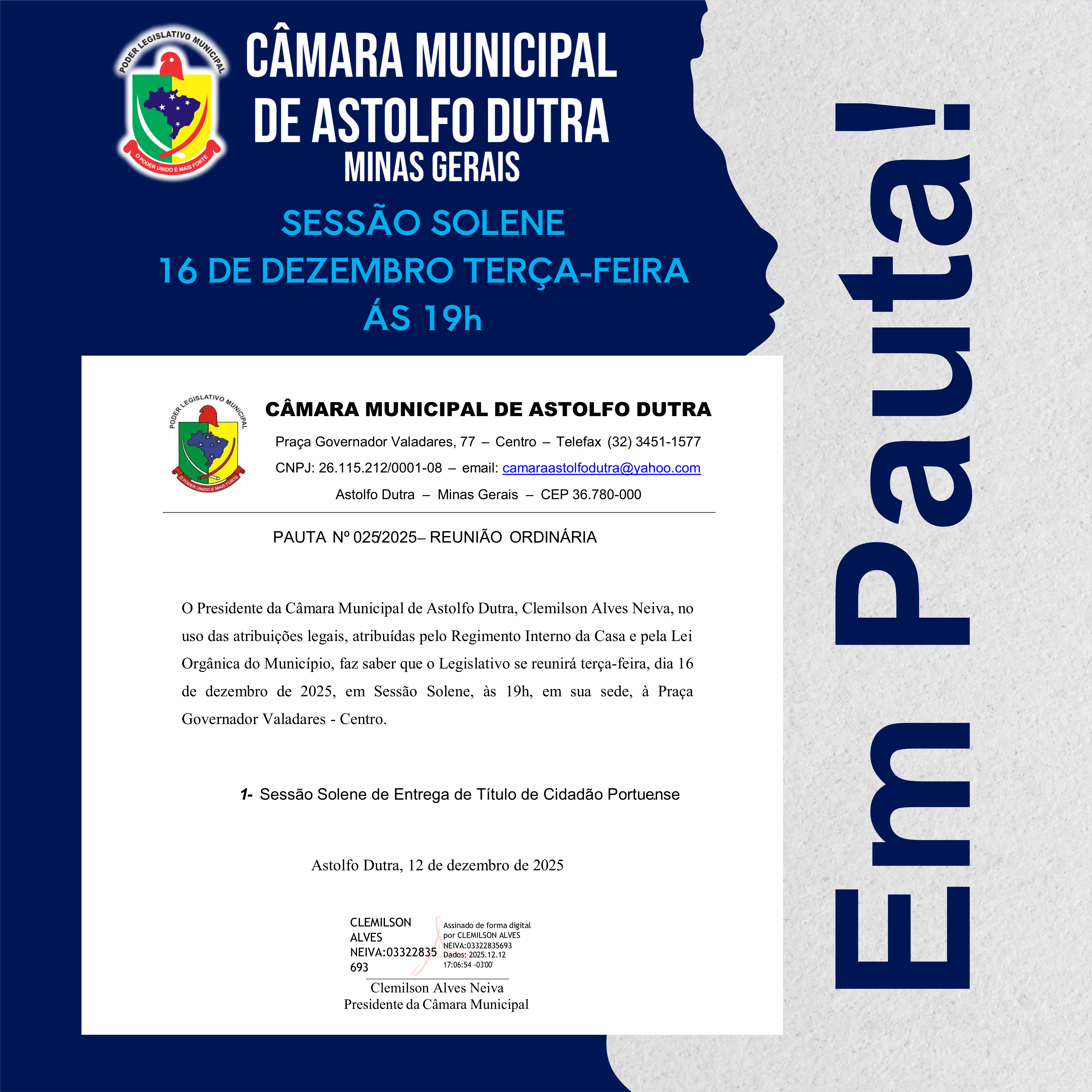 PAUTA – SESSÃO SOLENE | 16 DE DEZEMBRO DE 2025