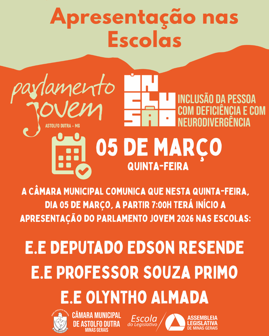 A Câmara Municipal comunica que nesta quinta-feira, dia 05 de março, a partir 7:00h terá início a apresentação do Parlamento Jovem 2026 nas escolas: