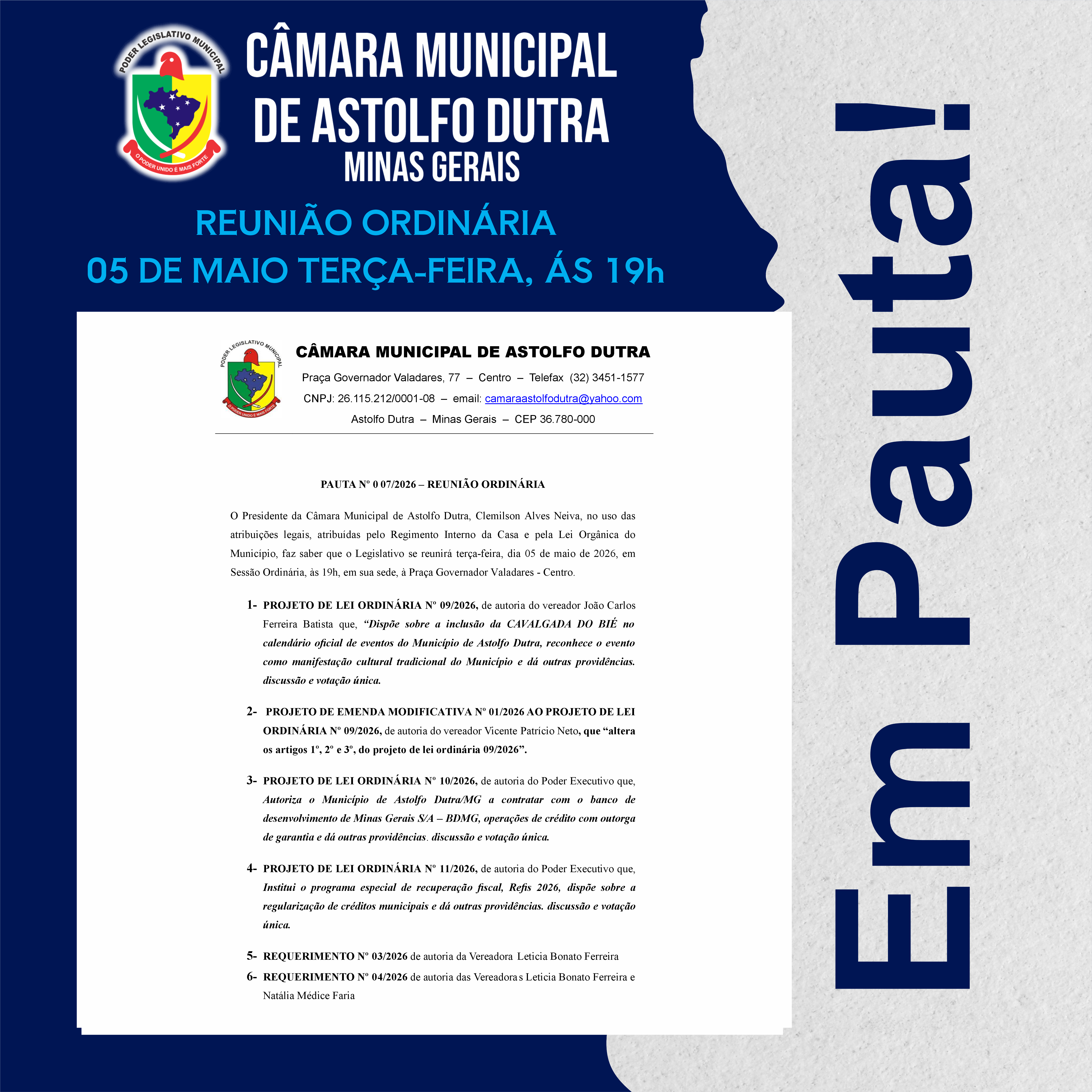 A pauta da próxima Reunião Ordinária já está disponível!